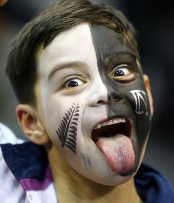 240813. news. Picture Kent Blechynden/Dominion Post. Fanzone at the TSB Arena. 6 year old Whatarangi Maynard-Green. facepaint fan all black